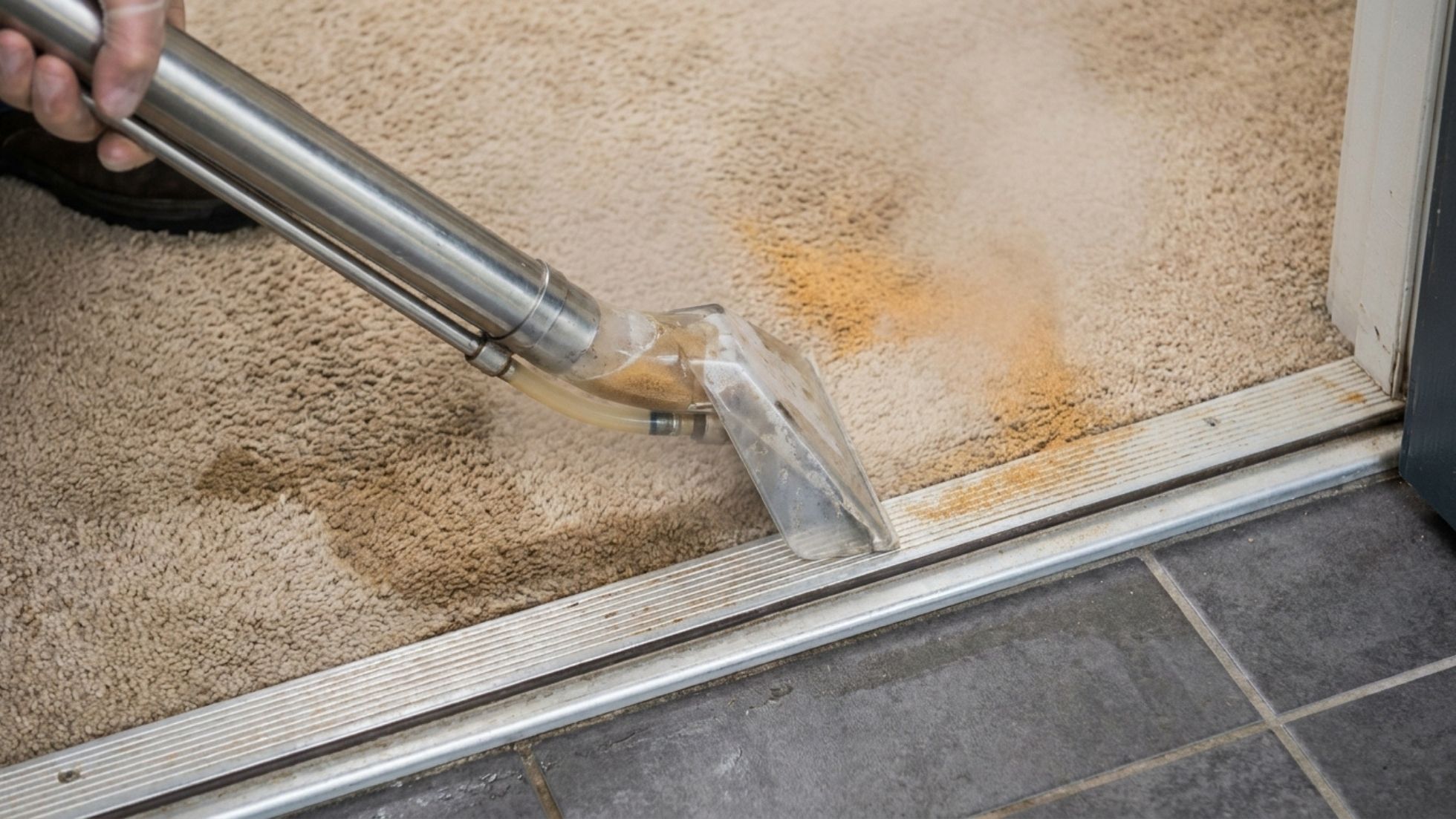 Professional carpet cleaning extracting mud stains at doorway with hot water extraction wand on beige carpet.