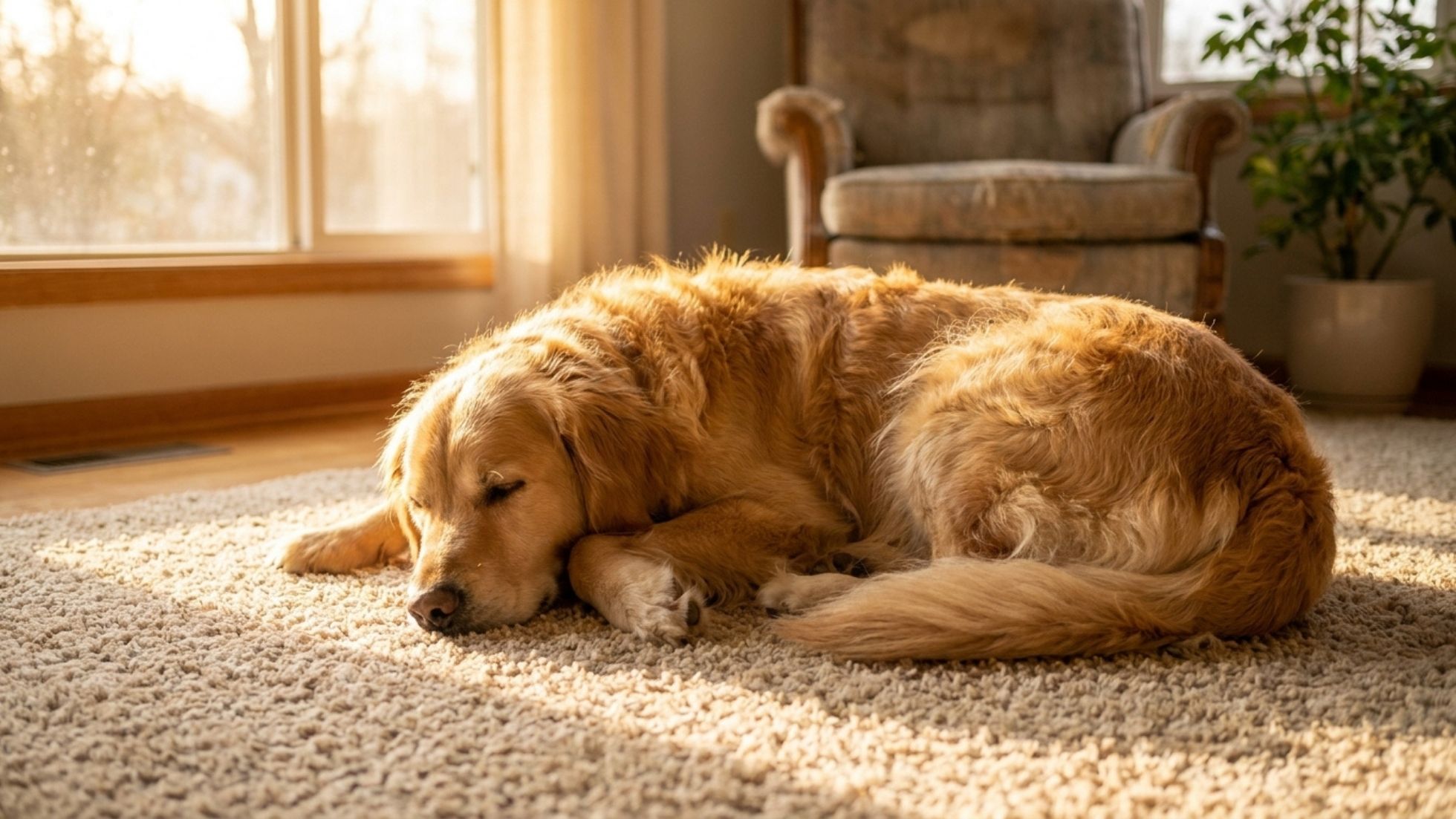 Golden retriever napping on soft carpet in a sunny living room near window and armchair.