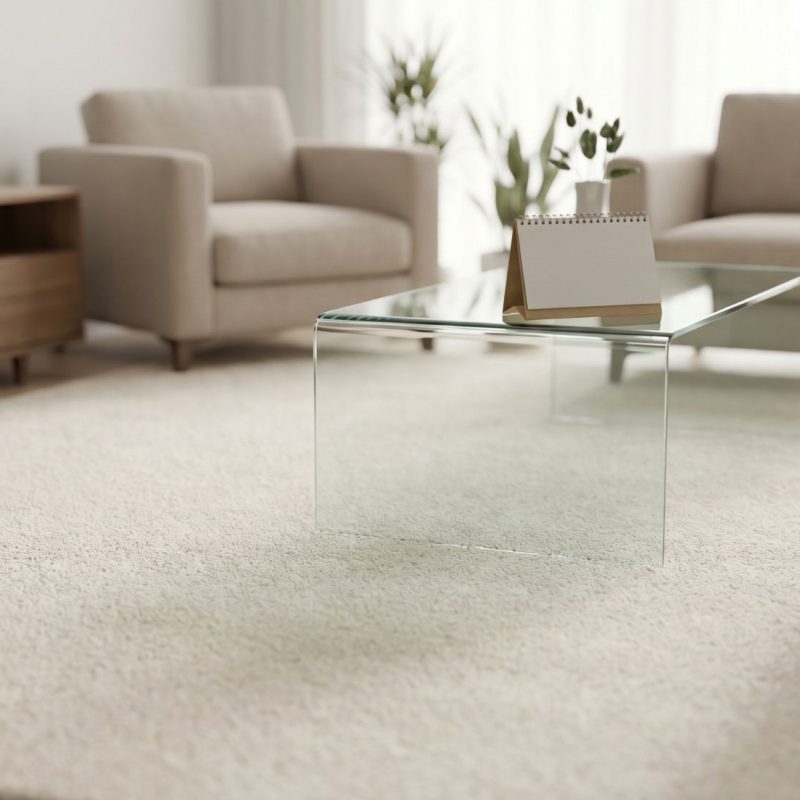 Minimalist modern living room with beige sofas, glass coffee table, plush cream rug, wood TV console, indoor plants