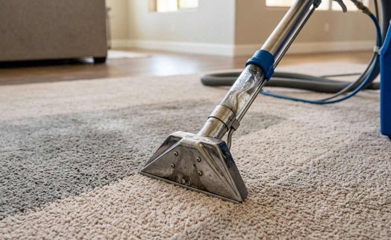 Professional carpet cleaning with steam extraction wand removing dirt from living room carpet.