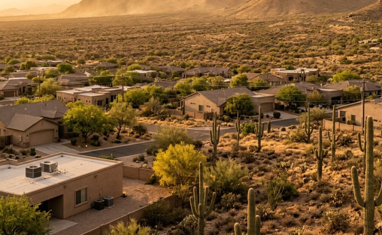 Arizona desert neighborhood with saguaros and stucco homes at golden-hour sunset, mountains beyond