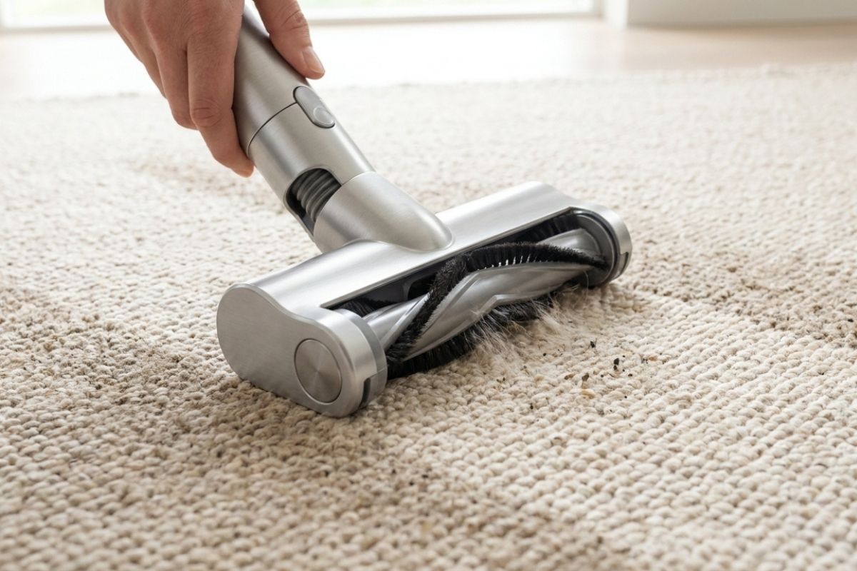 Hand using cordless vacuum cleaner on beige carpet, brush roll removing pet hair and dirt for deep carpet cleaning.