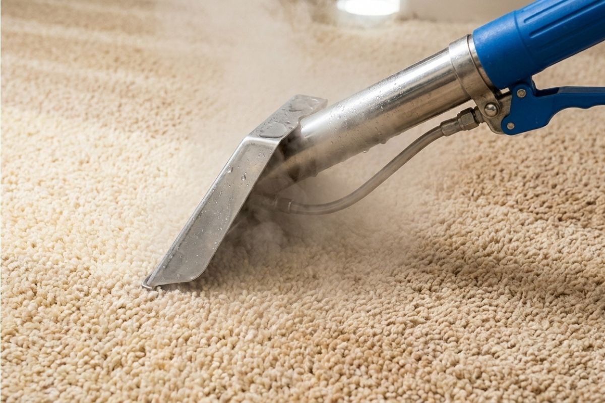 Professional carpet steam cleaning, hot water extraction on beige carpet removing dirt and stains.