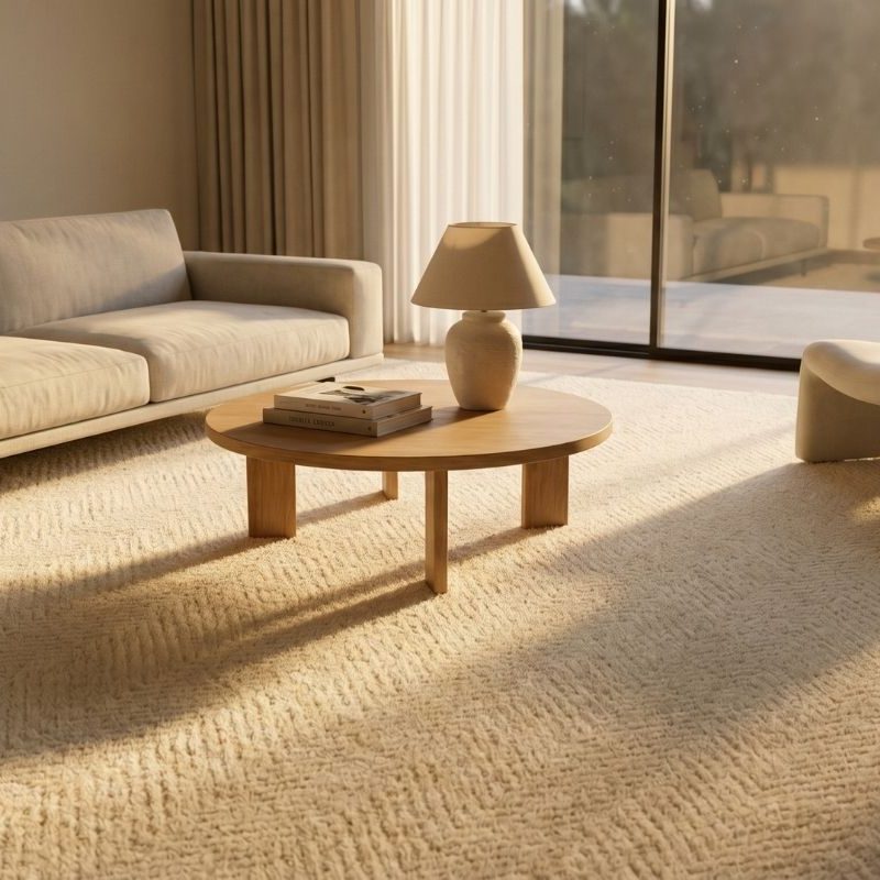 Minimalist living room with beige sofa, round wood coffee table, textured cream rug, sunlit floor-to-ceiling windows.