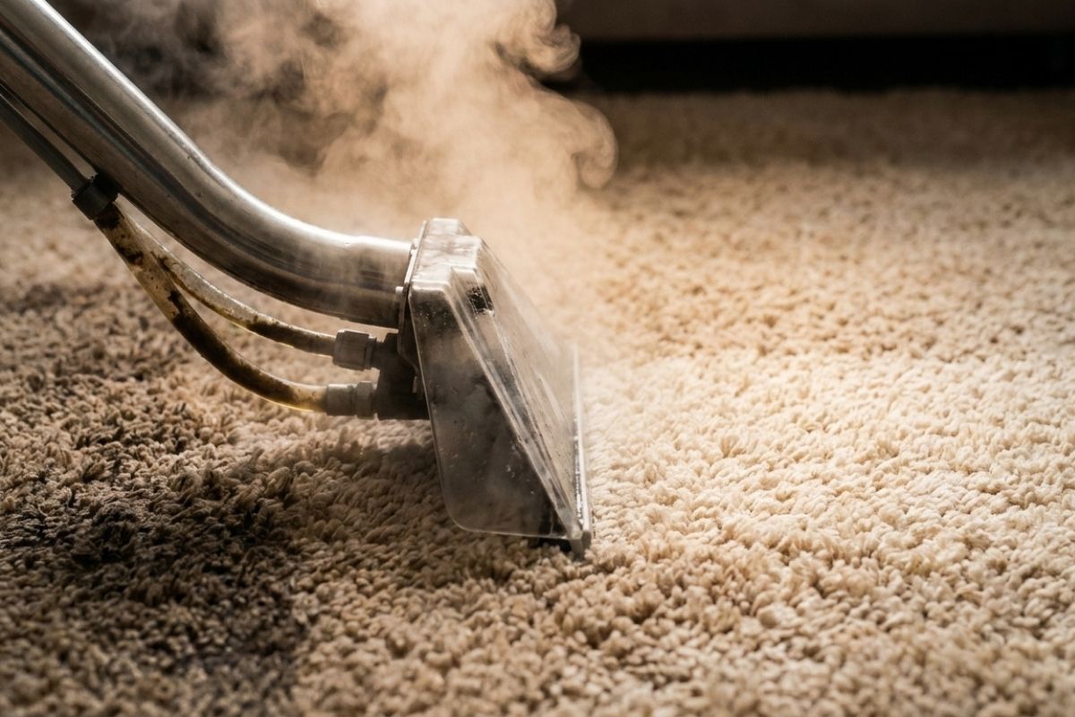 Professional steam carpet cleaning using hot water extraction wand, deep-cleaning a beige residential rug.