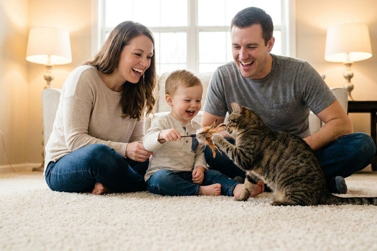 Smiling parents and toddler play with tabby cat and feather toy on living room carpet, happy family at home.