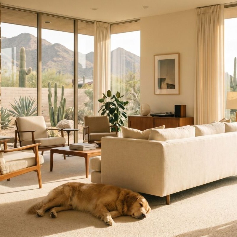 Mid-century modern living room with beige sofa, stone fireplace, desert-view windows, cacti, golden retriever napping