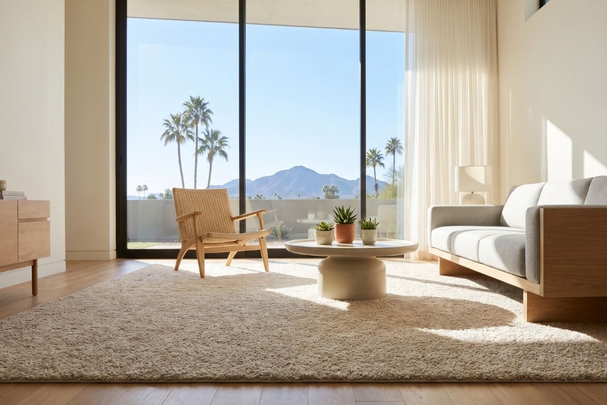 Bright minimalist living room with floor-to-ceiling windows, desert mountain view, light wood furniture, rug, palm trees
