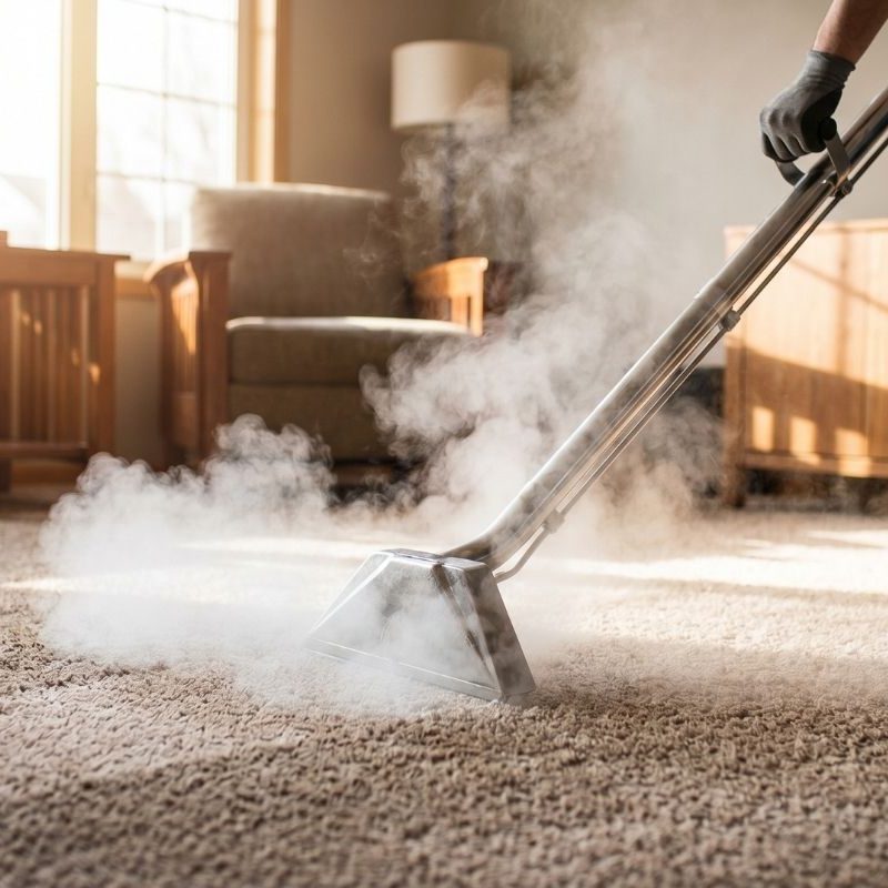 Professional carpet steam cleaning in living room, technician deep-cleans rug with hot water extraction service.
