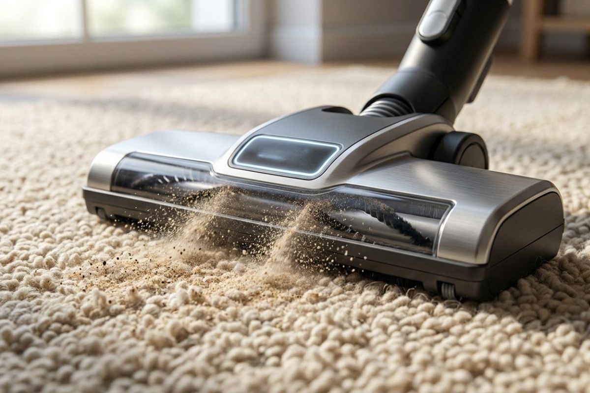 Vacuum cleaner head deep cleans carpet, powerful suction removing dust and debris for a spotless home