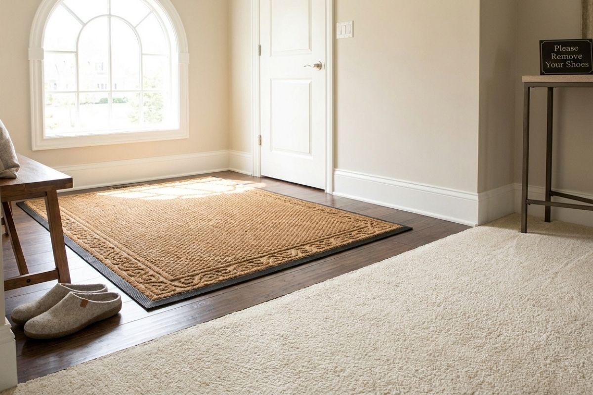 Bright entryway with coir doormat on hardwood floor, arched window, white door, and slippers; clean minimalist decor.