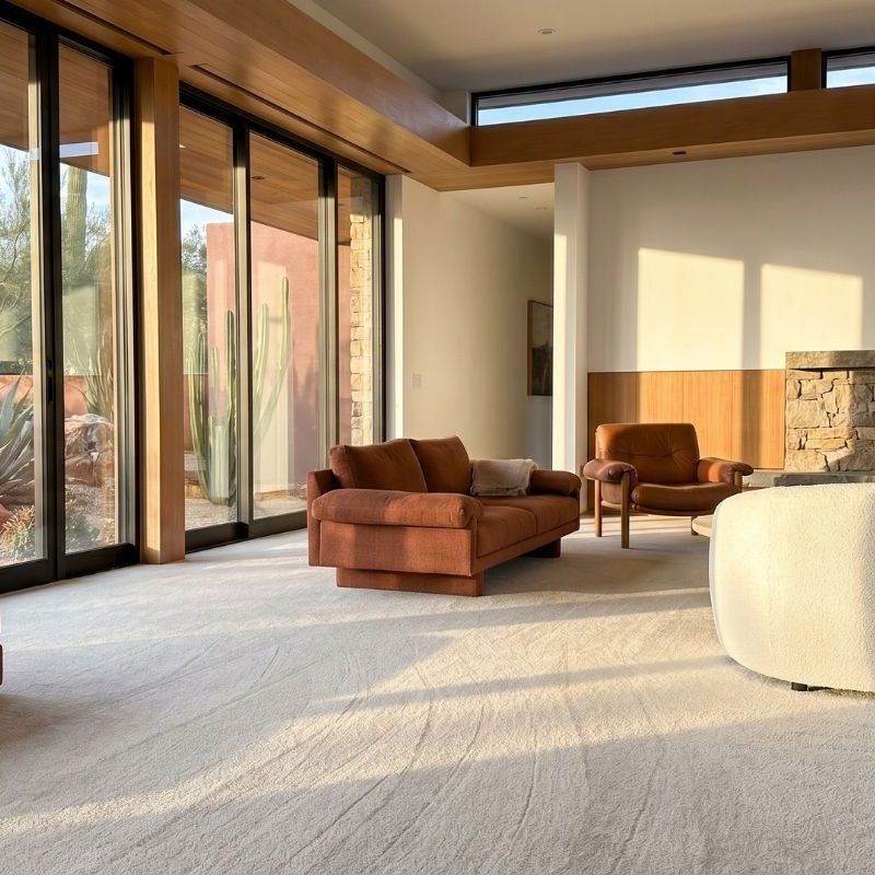Mid-century desert living room with floor-to-ceiling windows, rust leather sofas, stone fireplace, cactus garden view.