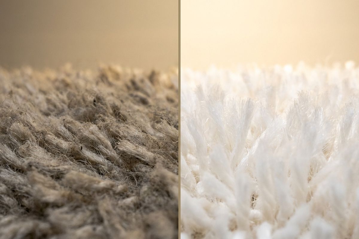 Before and after carpet cleaning close-up: dirty beige rug fibers vs bright white, freshly cleaned carpet