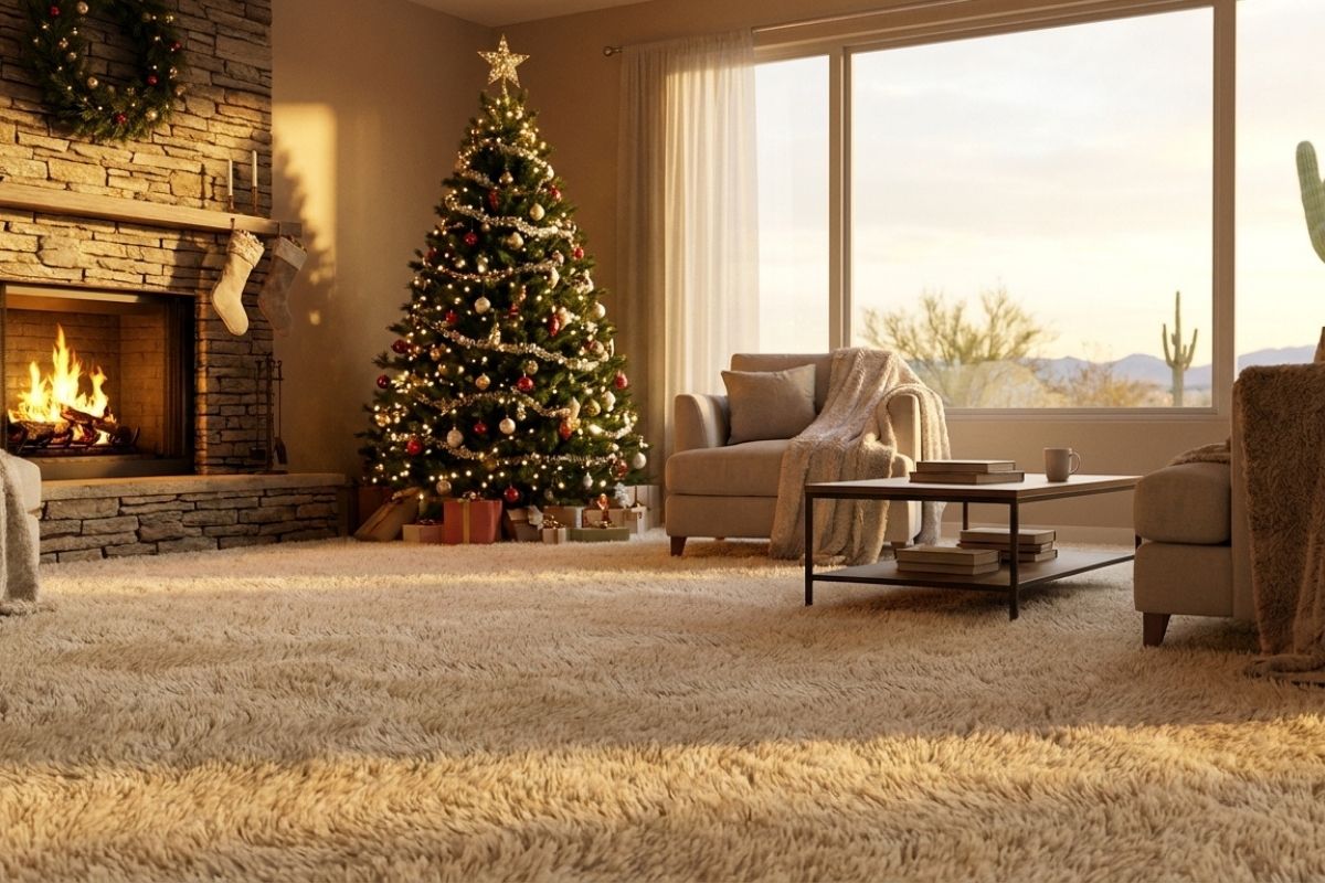 Cozy living room with Christmas tree, fireplace and stockings, plush rug, gifts and sunset view through large windows.