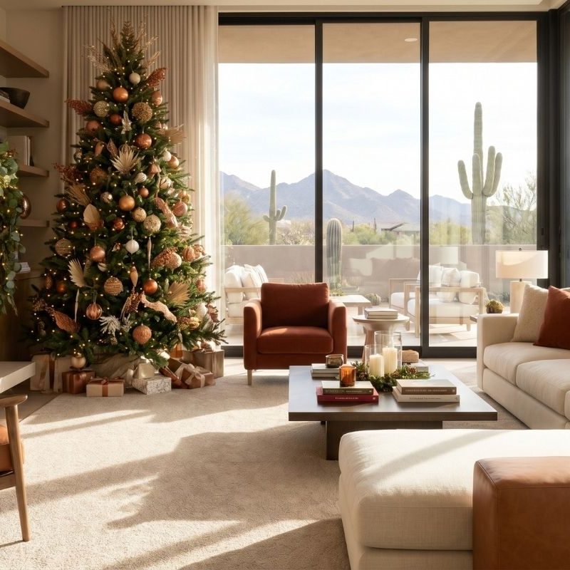 Modern living room with Christmas tree, fireplace garland, and desert mountain view through floor-to-ceiling windows.