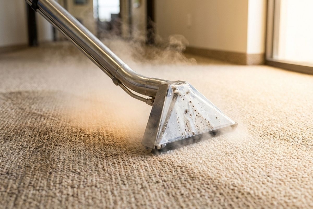 Professional carpet steam cleaning wand using hot water extraction on beige carpet in a home.