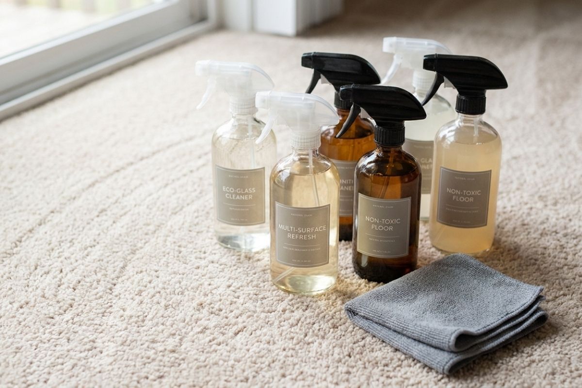Eco-friendly cleaning sprays and microfiber cloths on carpet by window—glass, multi-surface, and non-toxic floor cleaners.