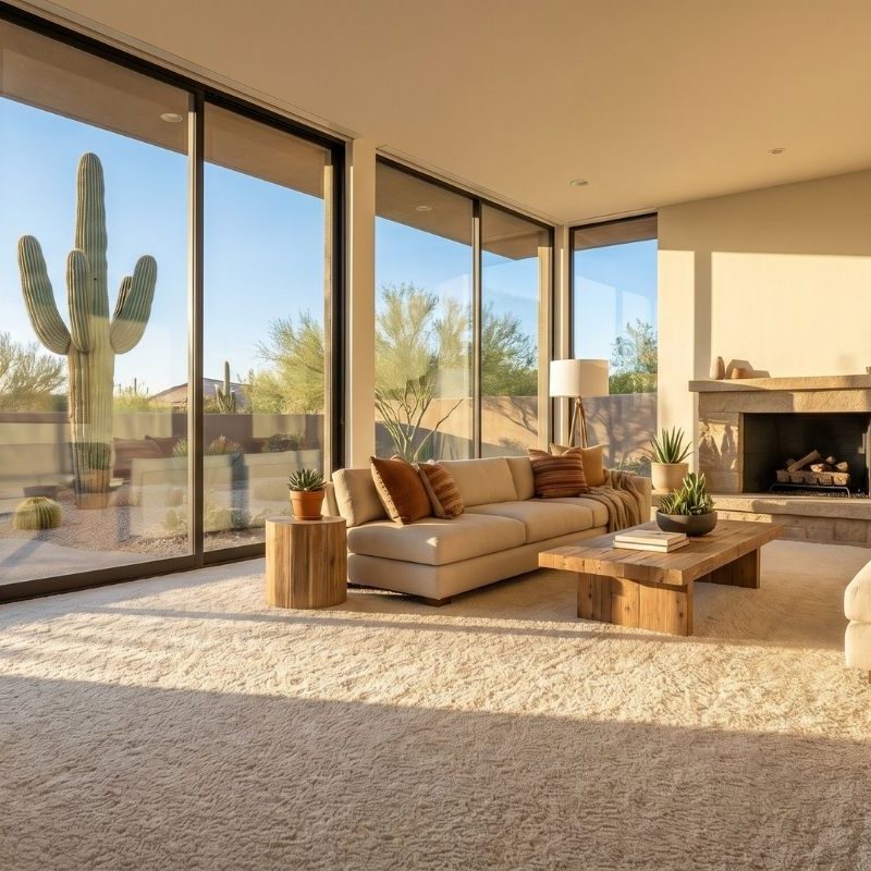 Sunlit desert modern living room with floor-to-ceiling windows, cactus view, beige sofas, fireplace, and wood coffee table.