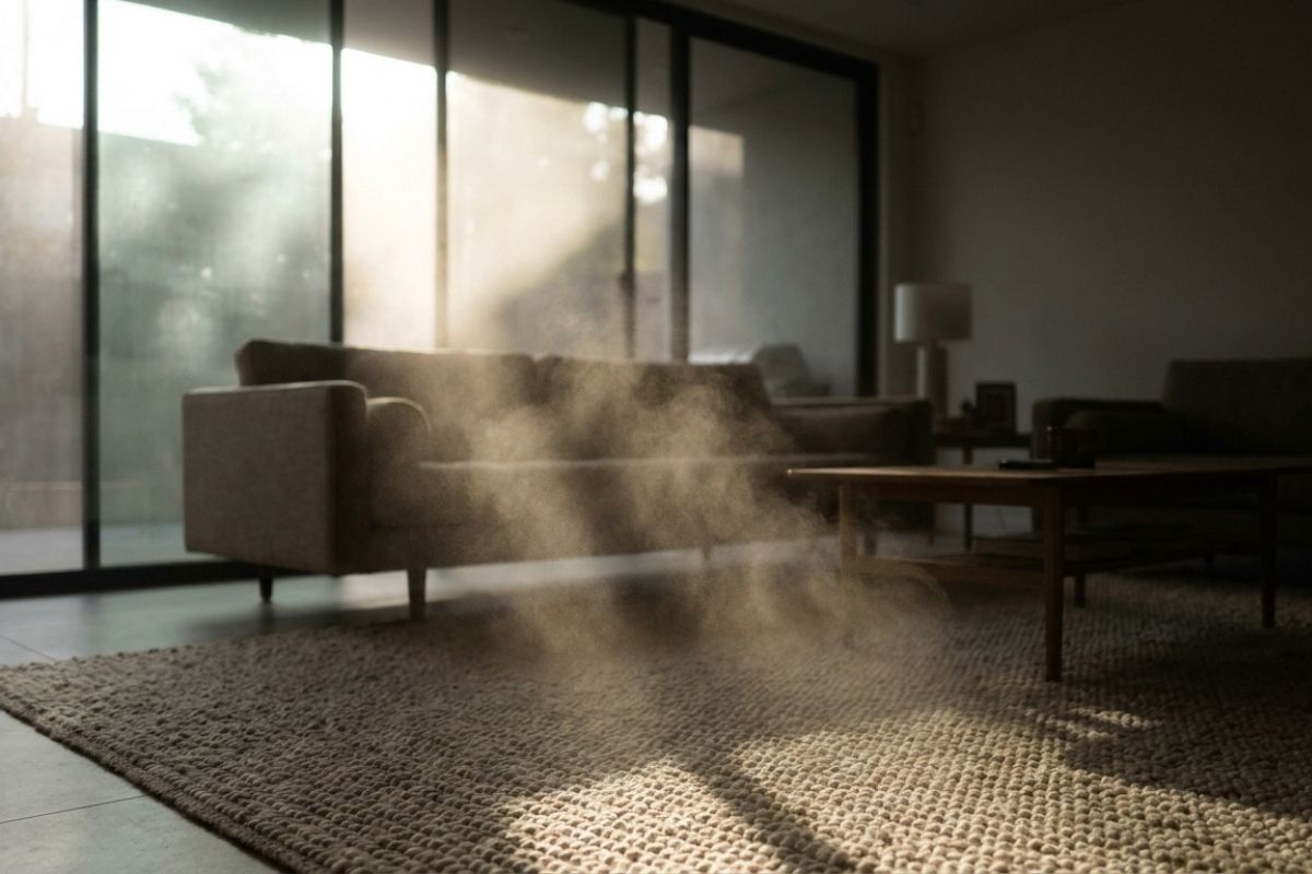 Sunlight highlights dust particles in modern living room with sofa, coffee table and large glass doors on textured rug