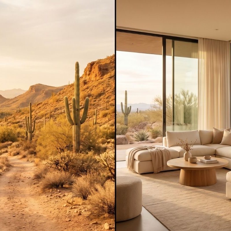 Saguaro desert at sunset beside modern living room with floor-to-ceiling windows and neutral sofa, Arizona mountain views