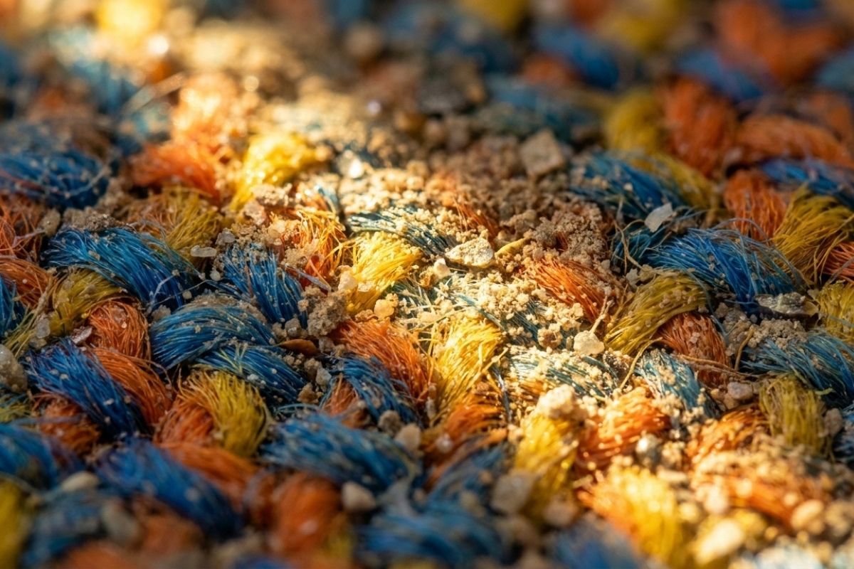Close-up of sandy dirt on colorful woven doormat fibers with blue, orange and yellow bristles.
