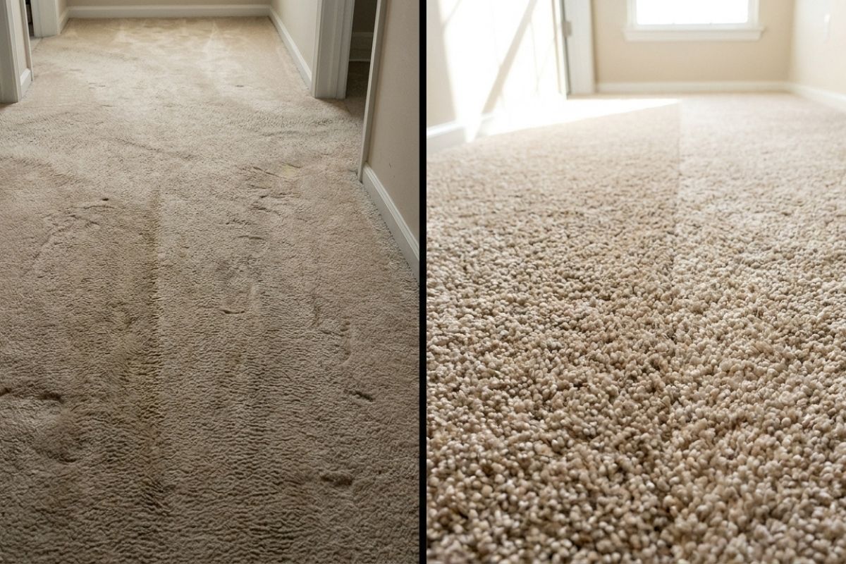 Before and after carpet cleaning: dirty, matted beige hallway carpet vs freshly cleaned, revived fibers with stain removal