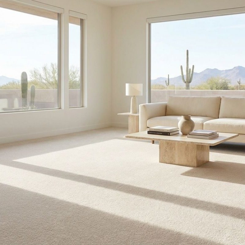 Modern desert living room with large windows, beige sofa and travertine coffee table, cactus and mountain views.