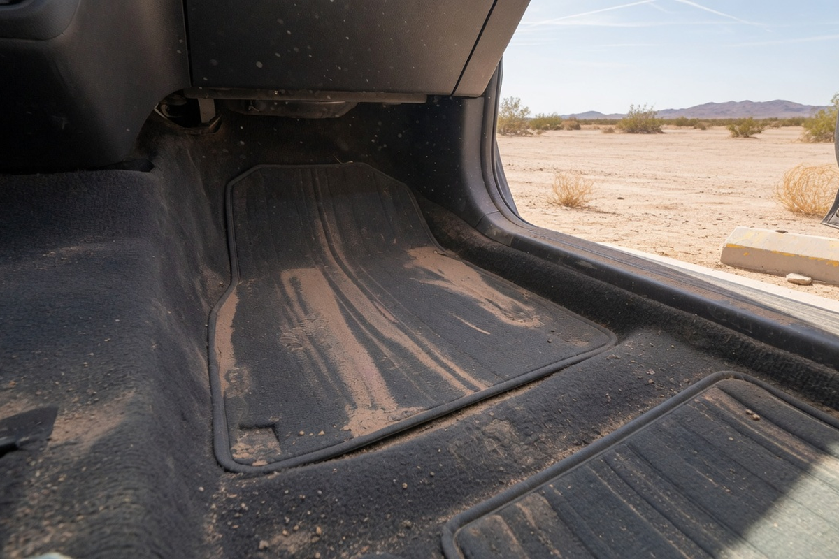 Dusty car floor mat with sand in passenger footwell, desert view outside—dirty SUV interior needing cleaning.