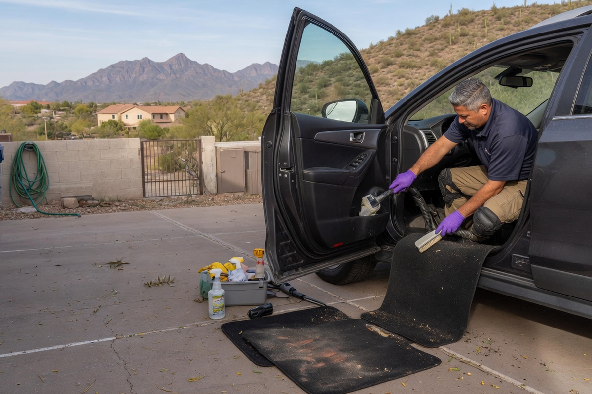 Auto detailer vacuuming SUV interior and floor mats on driveway with cleaning tools, desert mountains in background