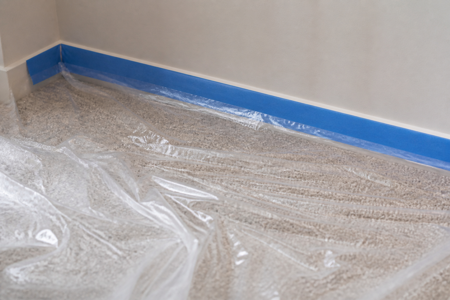 Plastic carpet protection film covering hallway carpet during a home remodeling project