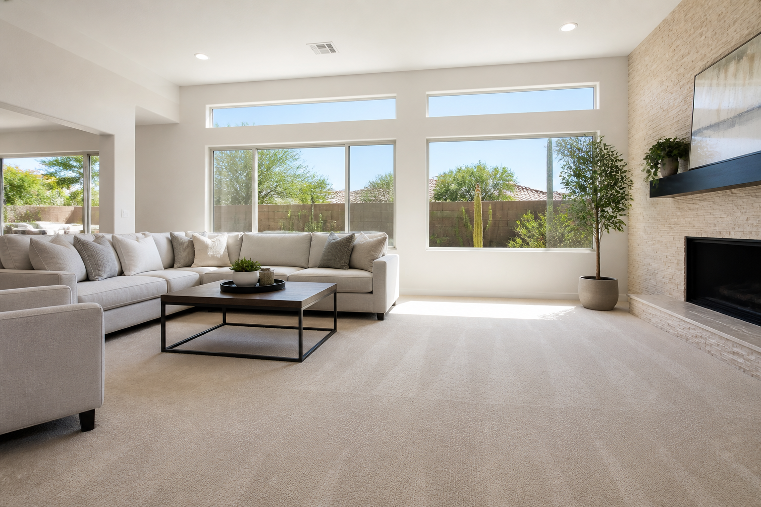 Clean living room carpet in a Phoenix home after professional move-in cleaning