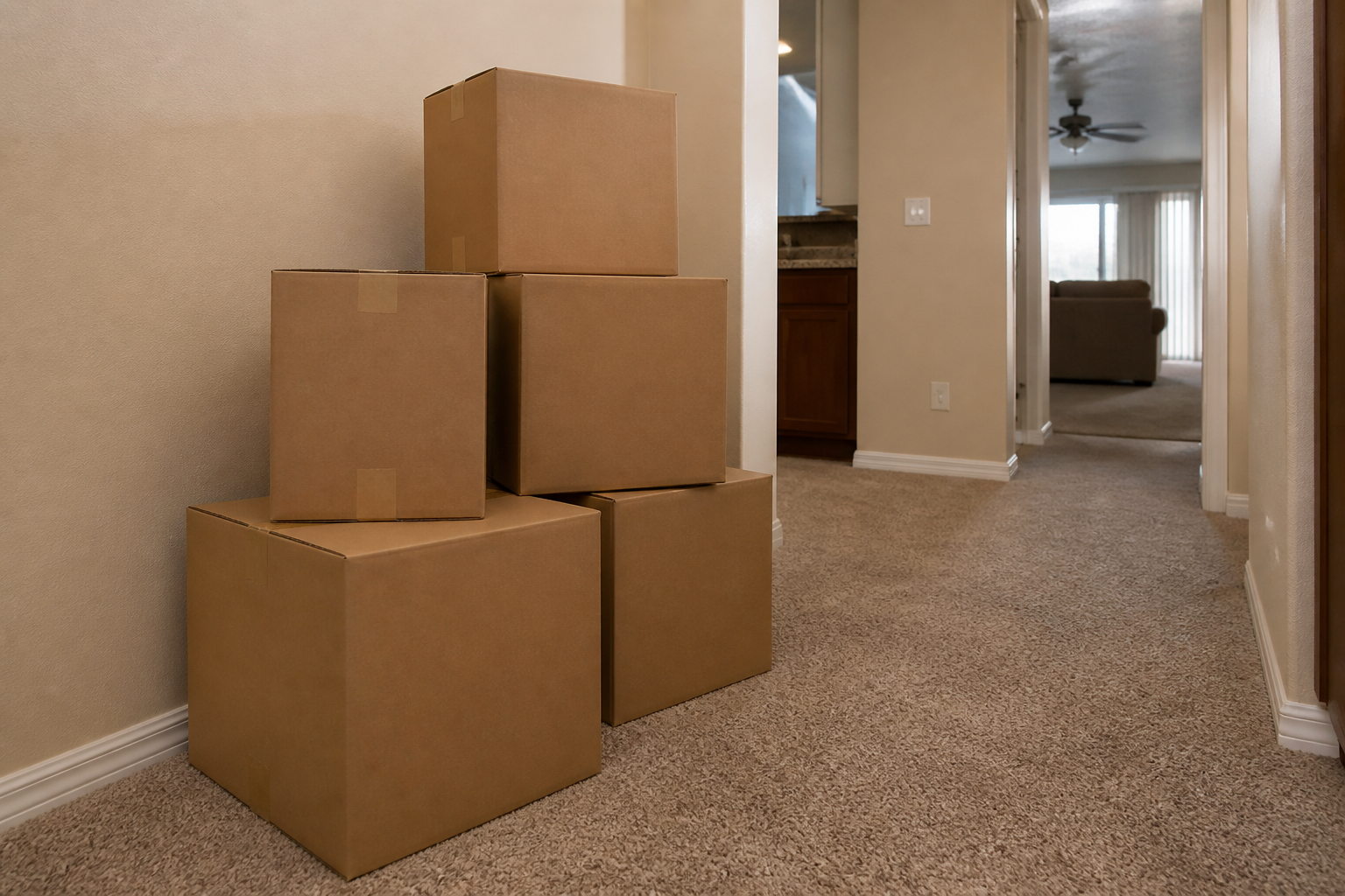Moving boxes stacked in a Phoenix living room with carpet flooring