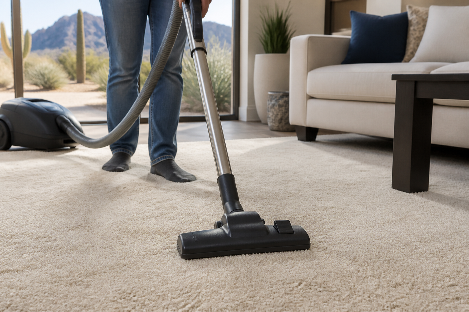 Homeowner vacuuming light-colored carpet in a Phoenix living room