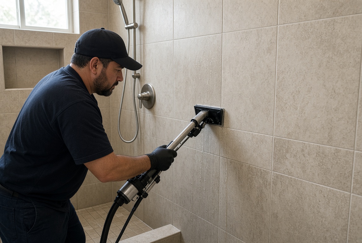 Technician steam cleans shower tile and grout in bathroom, using professional equipment for deep cleaning service.