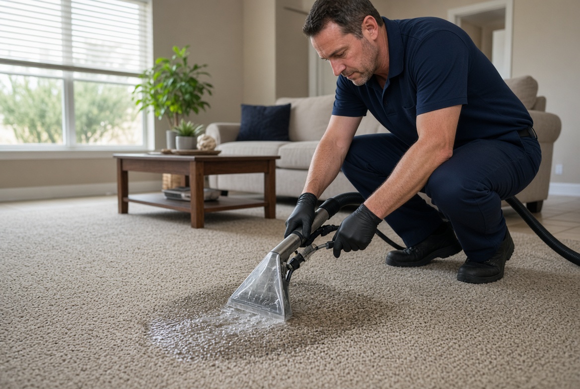 Professional carpet cleaner using steam extraction to remove stains from living room carpet