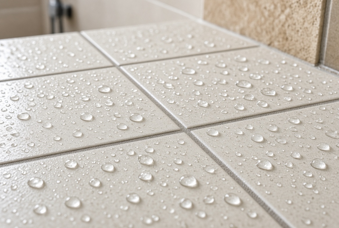 Waterproof bathroom ceramic tiles with water droplets beading on surface, showing hydrophobic sealant and clean grout.