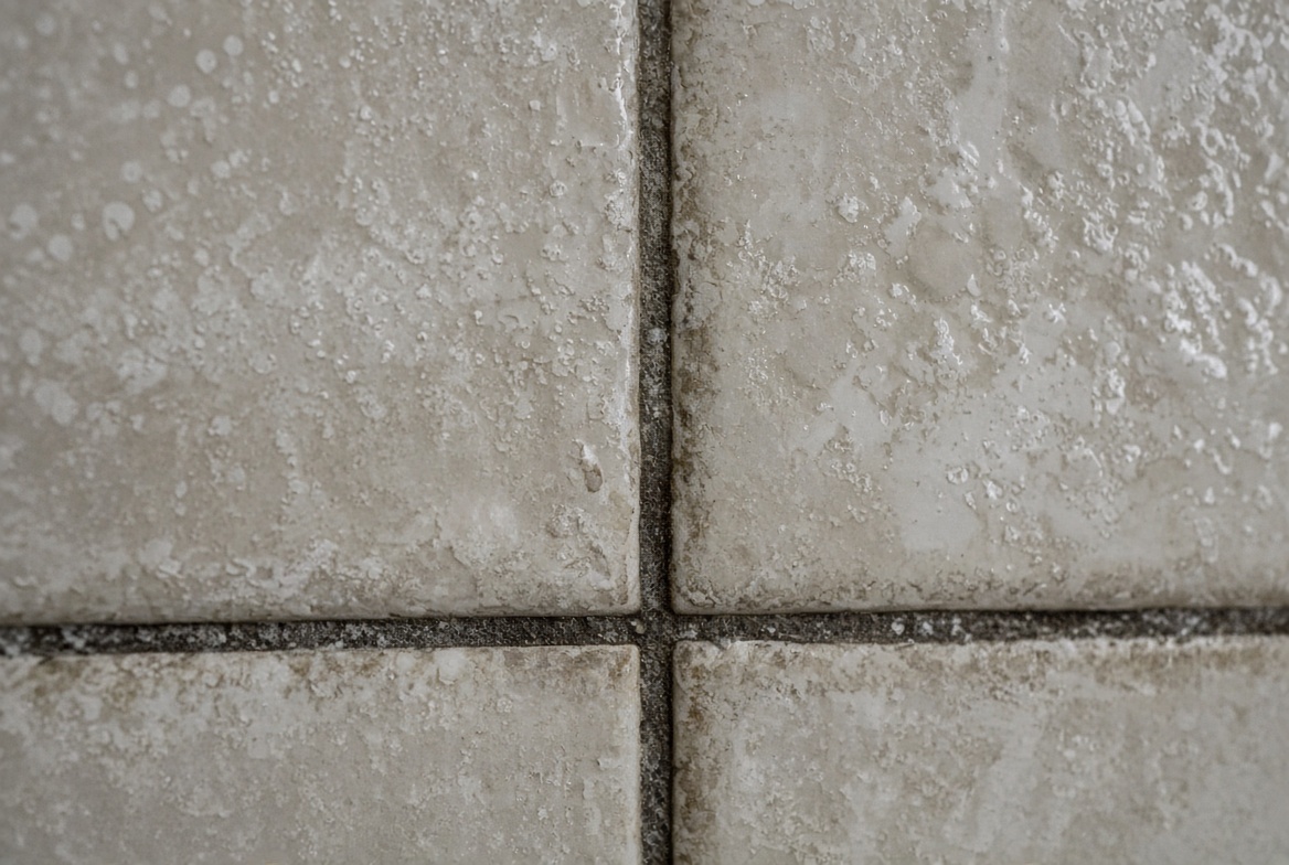 Close-up of dirty shower tile grout with mold and hard water stains on beige ceramic tiles
