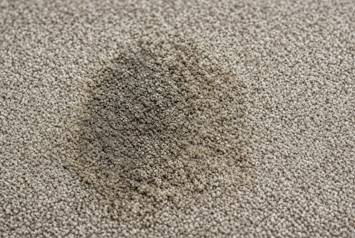 Close-up of dark stain on beige carpet, showing dirty spot in need of professional carpet cleaning