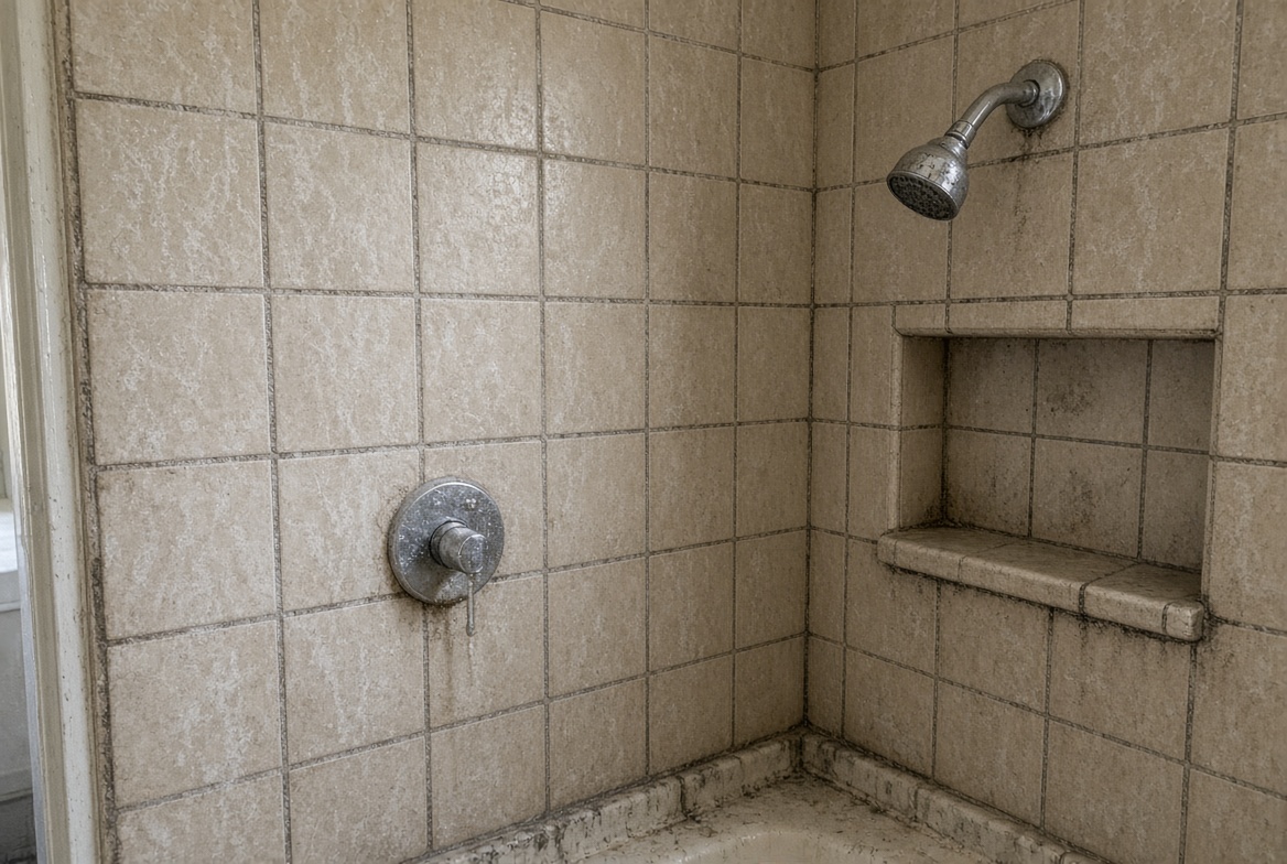 Moldy shower tiles with mildew-stained grout, chrome showerhead and niche shelf - dirty bathroom needing deep cleaning.
