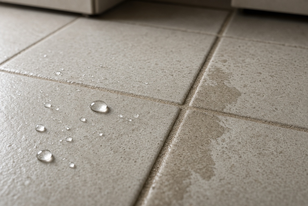 Water beading on sealed ceramic floor tile beside wet grout, showing waterproof tile sealer protection in kitchen.