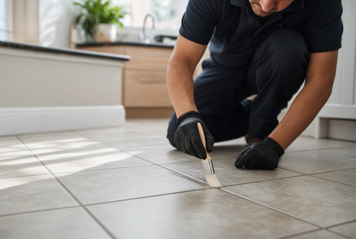 Pro tile grout repair in kitchen—technician sealing grout lines with brush and gloves on ceramic floor.