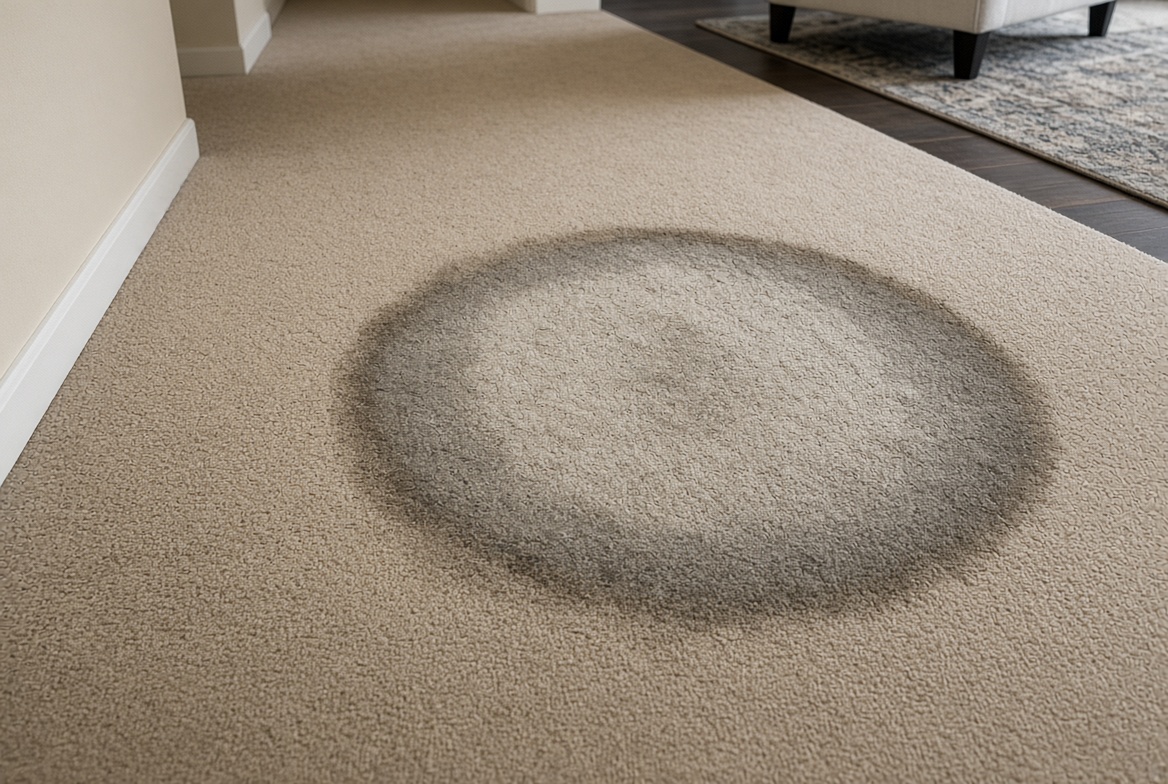 Large circular water stain on beige carpet in living room; carpet cleaning and stain removal needed.